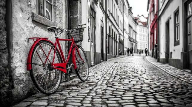 Retro vintage red bike on cobblestone street in the old town. Color in black and white. Old charming bicycle concept.