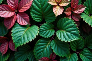 Vibrant Green and Deep Red Foliage Background Featuring Lush, Textured Leaves in a Striking Contrast of Colors