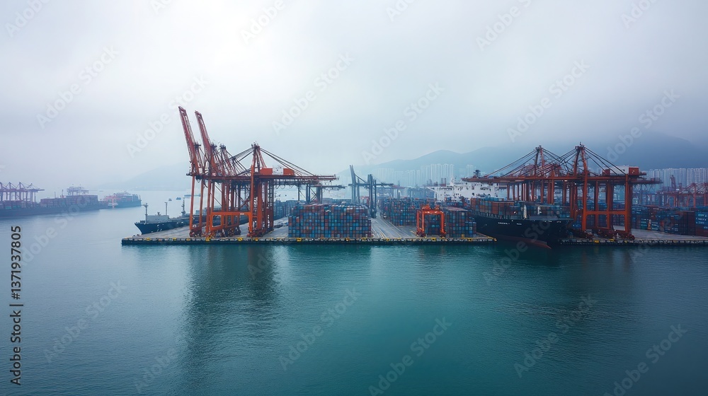 Poster a shipping port with cranes loading and unloading cargo containers.