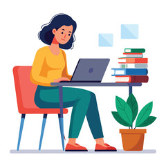 a woman is using his laptop sitting on a chair looking in the laptop  colourful vector on a white background