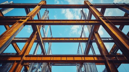Rust colored steel beams form a structure against a blue sky. Depicts construction, engineering, or industrial themes for media use.