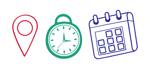 Fototapeta premium Vector Minimalistic Icons representing location, time, and calendar for modern graphic design projects. Commercial use