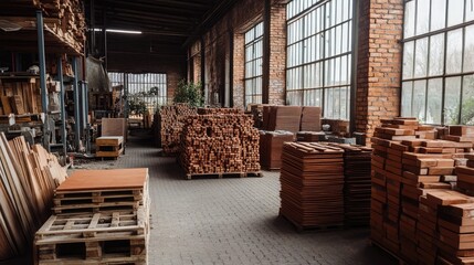 A storage area with stacks of ceramic bricks for architectural use.