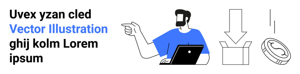 Man pointing while holding a laptop, open box under arrow symbolizing download, coin depicting money. Ideal for technology, instruction, finance, business, digital marketing, e-commerce flat landing