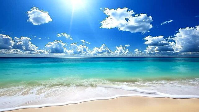 Serene beach landscape with turquoise waters and fluffy clouds under a bright sun, ideal for relaxation themes