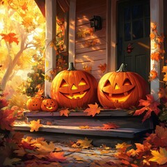 Obraz premium Charming Halloween Pumpkins on Autumn Porch Surrounded by Leaves