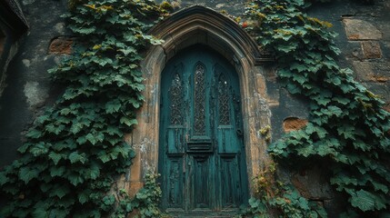 Dark Green Ivy Covering the Stone Walls of an Abandoned Manor