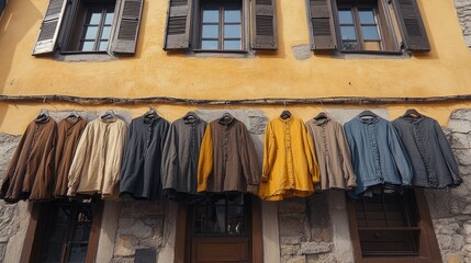 Shirts hanging on building exterior, windows with shutters above, stone base, old building