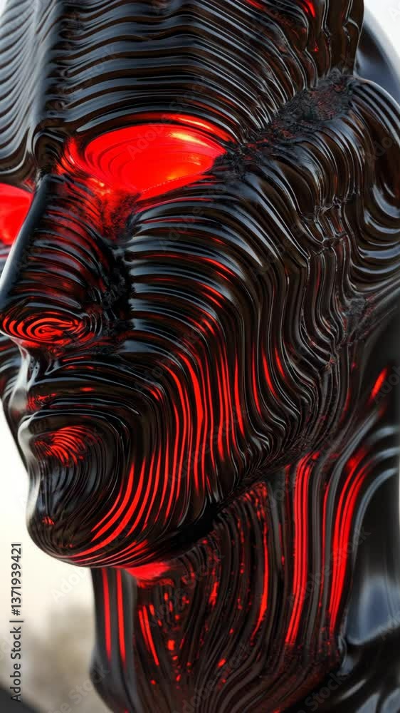 Aufkleber abstract sculpture of a human face with flowing patterns and glowing red eyes in a minimalist settin