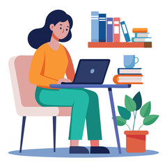 a woman is using his laptop sitting on a chair looking in the laptop  colourful vector on a white background