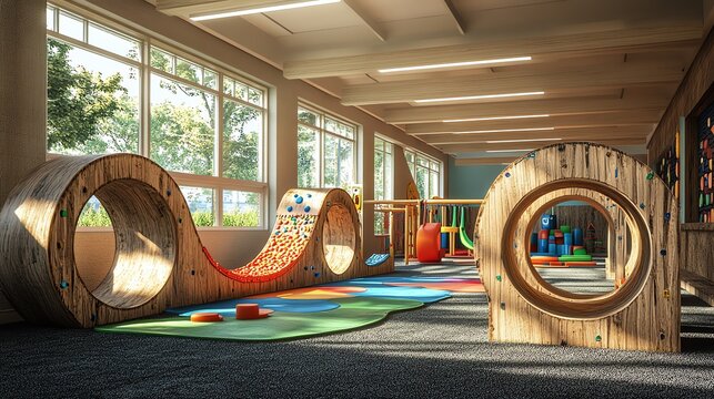 Modern Indoor Playground with Colorful Climbing Equipment and Natural Light