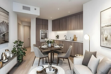 Modern apartment dining area, city view, open-plan living