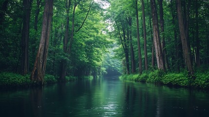 Obraz premium A Gentle River Snaking Through a Flourishing Forest, Its Calm Waters Mirroring the Surrounding Lush Landscape