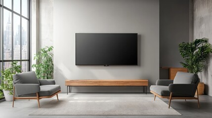 Minimalist living room features television set and comfortable armchairs