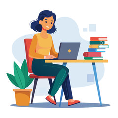 a woman is using his laptop sitting on a chair looking in the laptop  colourful vector on a white background