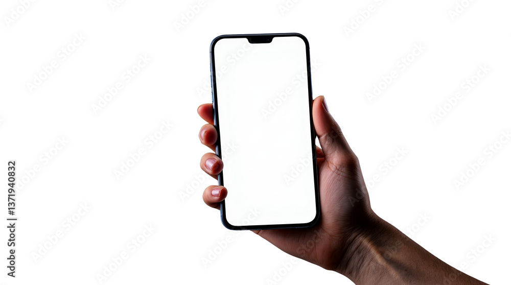 Poster Closeup hand holding smartphone with blank screen isolated on white background, clean layout concept for mobile app or website design. Ai generative