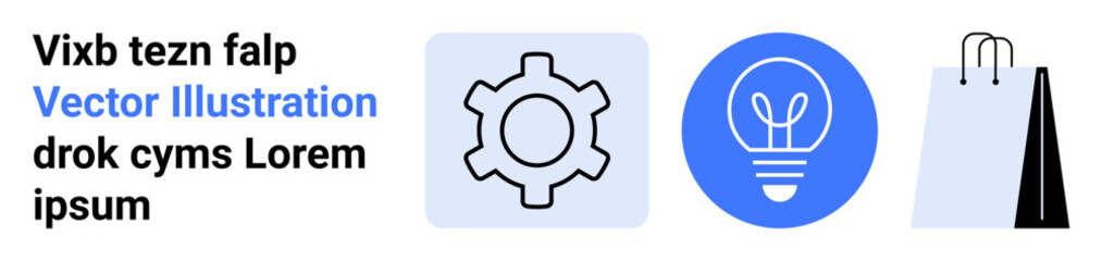 Gear icon for productivity, light bulb for creativity, and shopping bag for commerce. Ideal for innovation, business, retail, technology, problem-solving, online shopping simple landing page