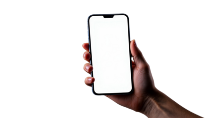 Closeup hand holding smartphone with blank screen isolated on white background, clean layout concept for mobile app or website design. Ai generative