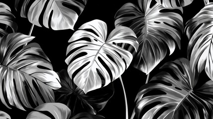 Real monstera leaves decorating for composition design.Tropical,botanical nature concepts ideas. Black and white