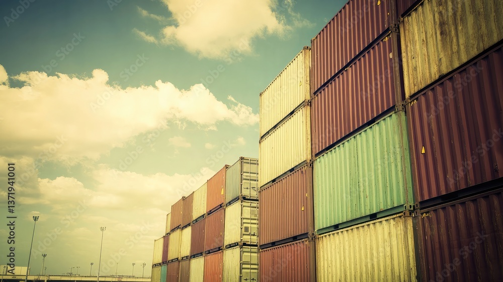 Poster rows of containers stacked high in a busy shipping yard.