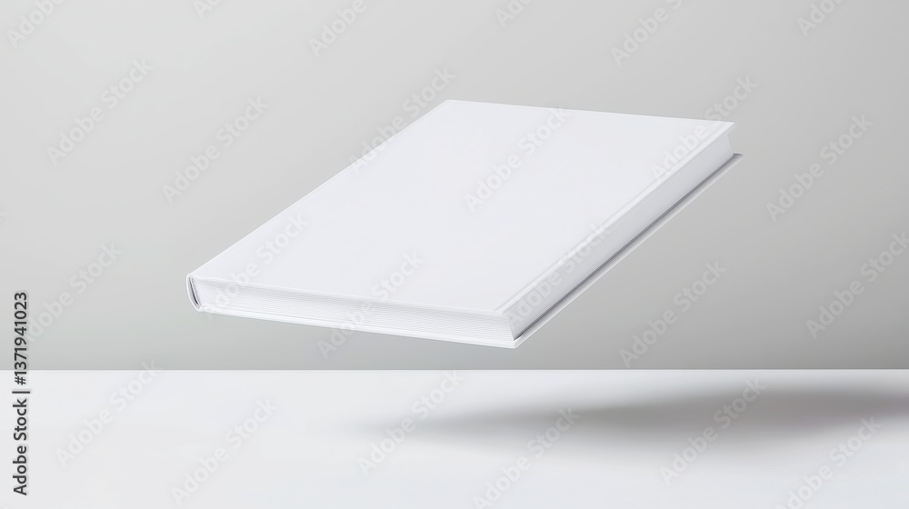 Poster sleek blank hardcover above white surface, a minimalist design showcasing a floating book with subtl