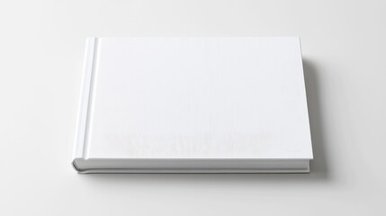 Minimalistic square-format design portfolio book mockup, elevated above a pristine white surface, featuring a blank cover and spine for a sleek, modern aesthetic.