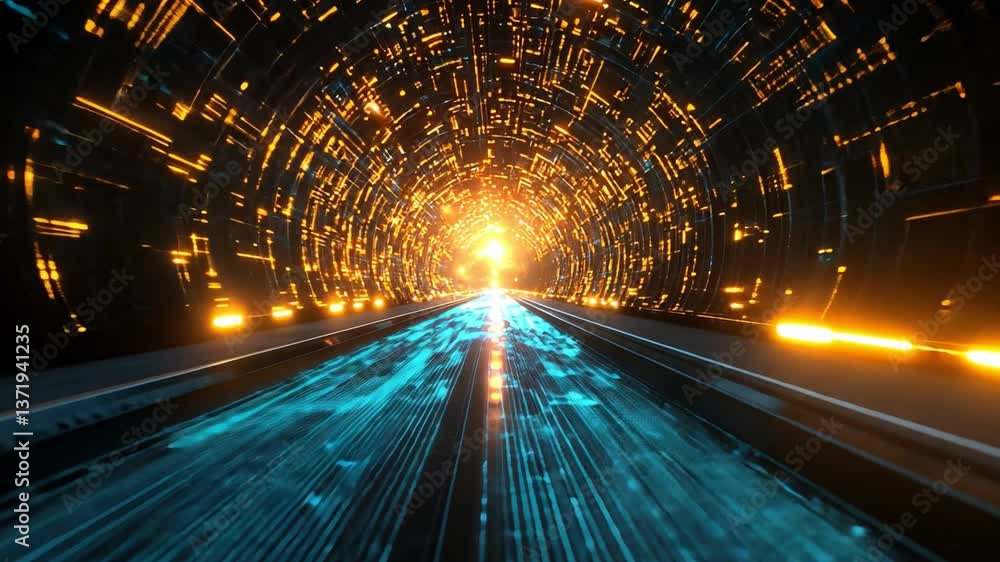 Poster futuristic tunnel with glowing lights and vibrant colors, showcasing speed and motion through digita