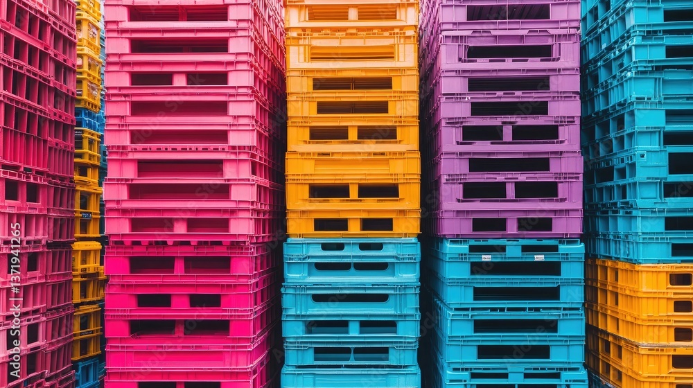 Poster stacks of colorful plastic crates used for storage and logistics.
