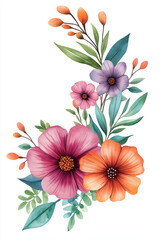 A vibrant watercolor illustration featuring various beautiful flowers and lush green leaves.