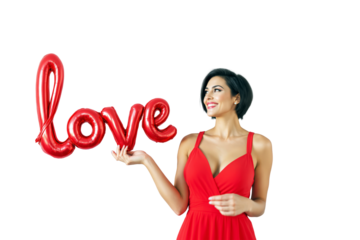 Woman in red dress smiling with red balloon letters spelling love, isolated style on white background, concept of romance and affection. Ai generative