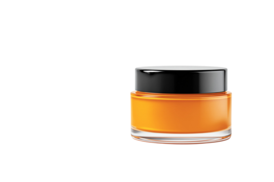 Amber colored cosmetic jar with black lid shown isolated on clean white background, ideal for product packaging design or branding concept. Ai generative