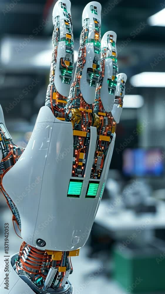 Aufkleber advanced robotic hand with intricate circuitry displayed in a modern laboratory environment