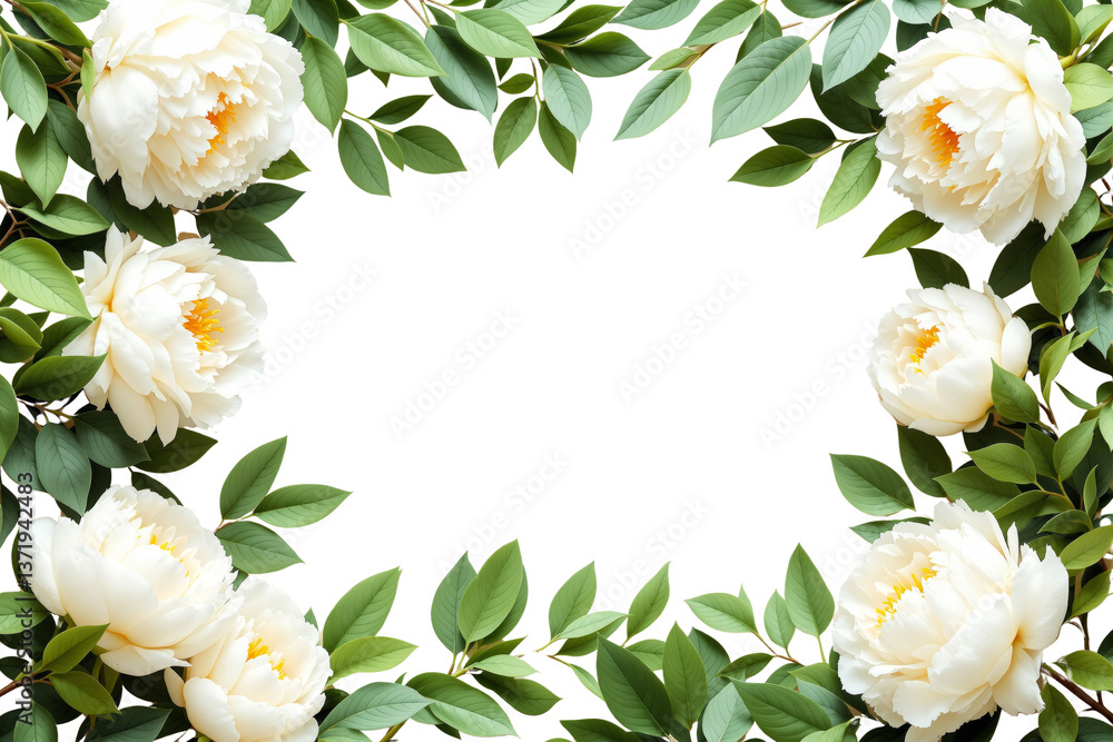 Poster white peonies and lush green leaves arranged in a decorative floral border on white background, isol