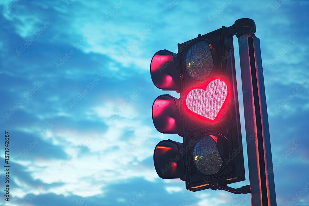 Poster traffic light displaying red heart shape with blue sky and cloud background
