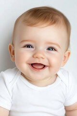 Naklejka premium Adorable baby smiling joyfully, showcasing innocence and happiness in a charming portrait.