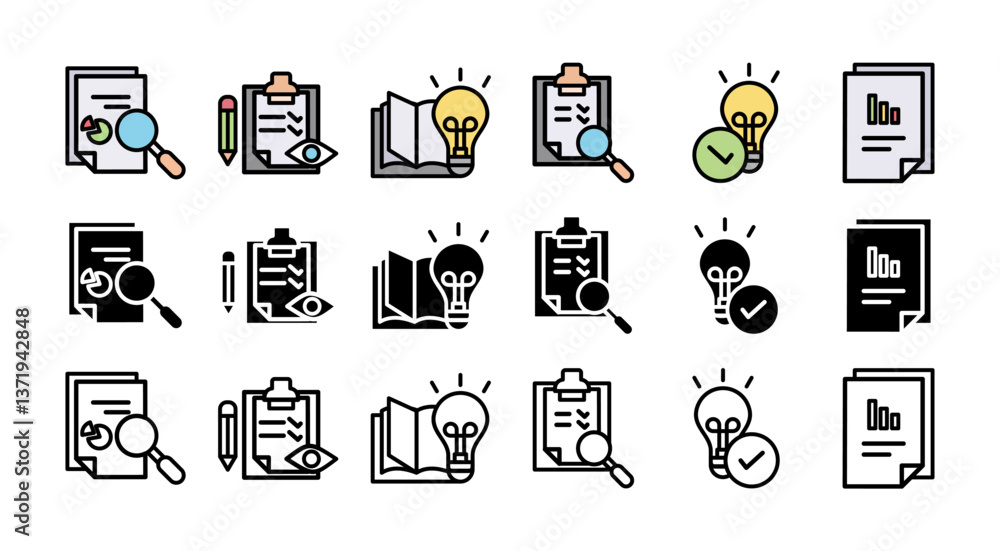 Poster research icon set with multiple style analysis, data, survey, development, fact, knowledge and data 