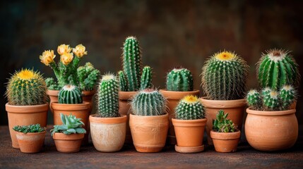 Collection of various cacti and succulents in terracotta pots
