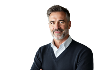 Mature man smiling with arms crossed, wearing dark sweater and white shirt, isolated on white background, closeup concept of confidence. Ai generative