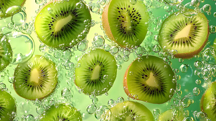 Fresh kiwi slices floating in sparkling water