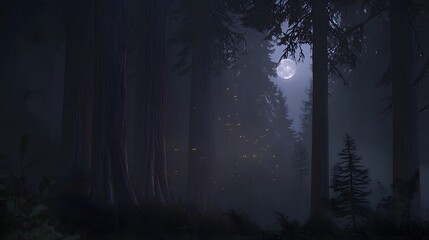 Fototapeta premium Mystical Moonlit Forest: The ethereal glow of the moon casts a spell over a towering forest. The image captures the mystery of the woods at night, creating a sense of wonder and enchantment.