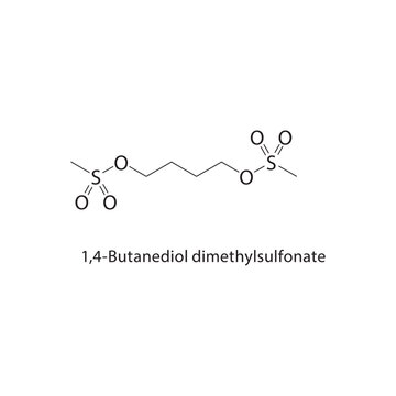 1,4-Butanediol dimethylsulfonate skeletal structure. Sulfonate Ester compound schematic illustration. Simple diagram, chemical formula.