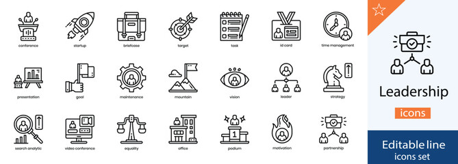 Leadership Line Icons Collection. Business, Management, Teamwork, and Success Outline Icons. Editable Stroke, Vector Illustration.