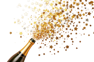 Champagne bottle with gold glitter stars bursting out, isolated style on white background, concept of celebration and joy, Ai generative