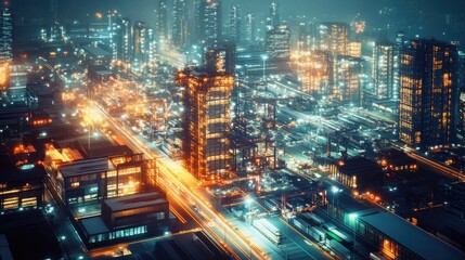 A logistics terminal at night, illuminated by bright industrial lights.