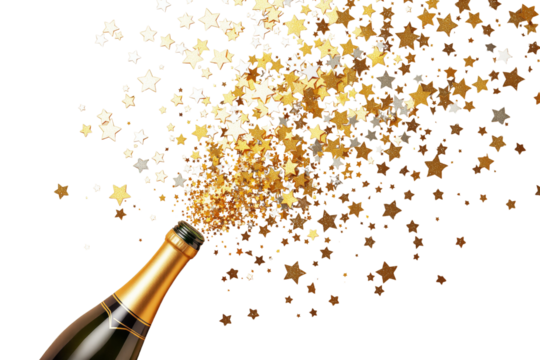 Champagne bottle with gold glitter stars bursting out, isolated style on white background, concept of celebration and joy, Ai generative