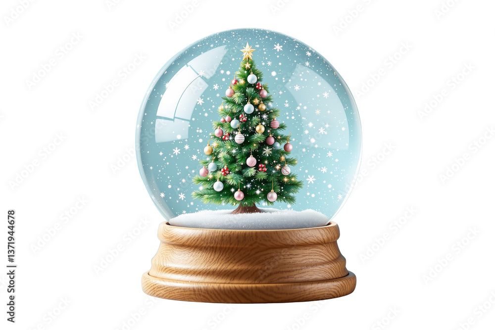 Poster decorated christmas tree inside snow globe with falling snow, isolated style on white background, co