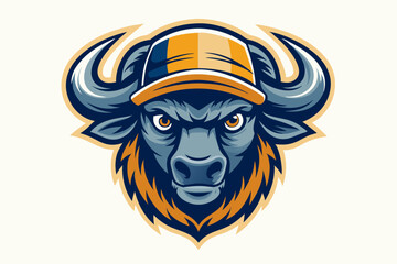 funny buffalo head with cap logo vector