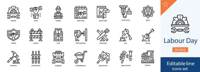Labor Day Line Icons Collection. Worker, Industry, Construction, and Employment Outline Icons. Editable Stroke, Vector Illustration.