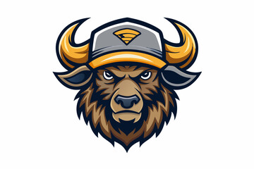 funny buffalo head with cap logo vector