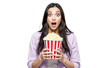 Woman with shocked expression holding popcorn bucket, isolated style on white background, concept of surprise or movie scene. Ai generative